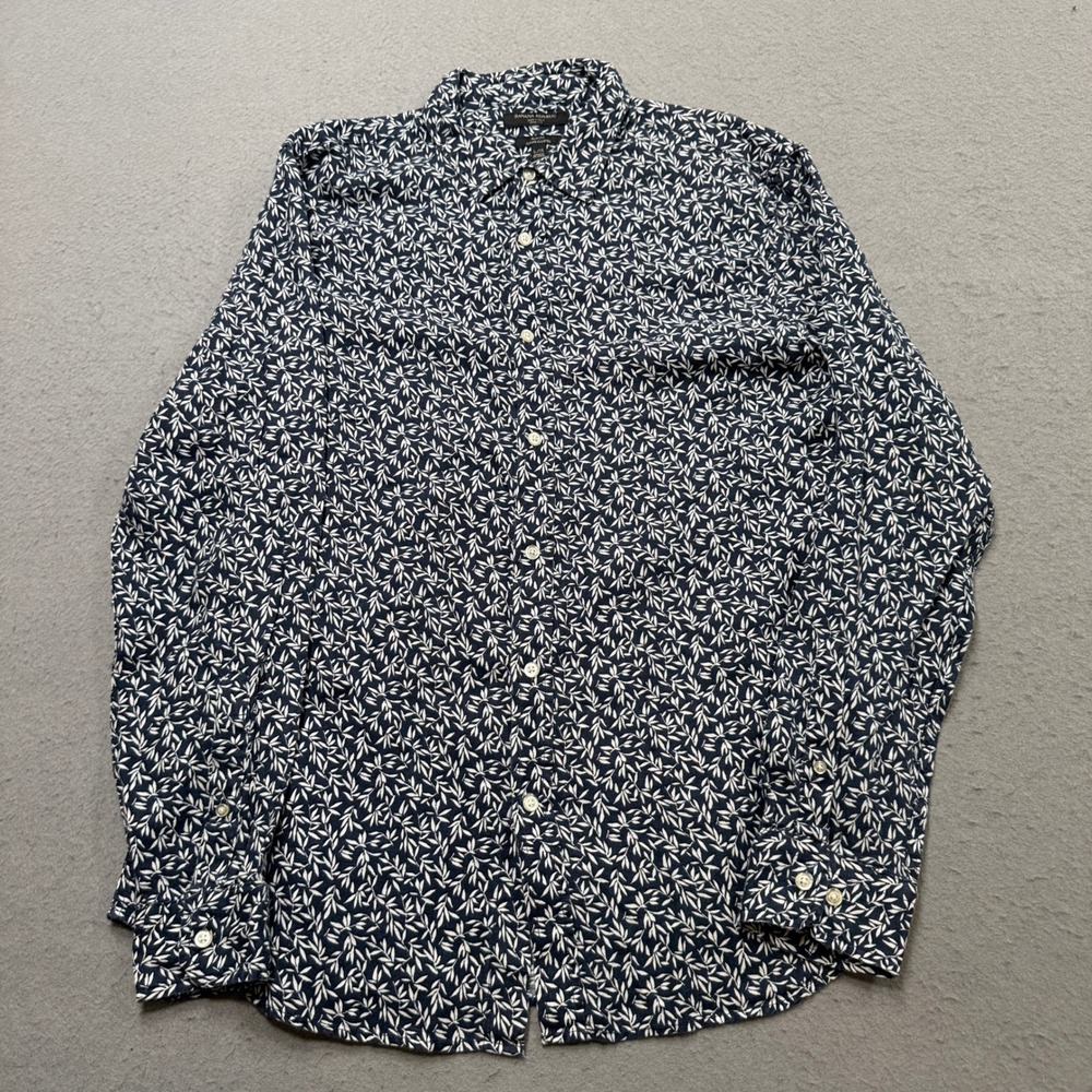 Banana Republic Shirt Mens Large Navy Blue Tropical Slim 100% Linen Button Down